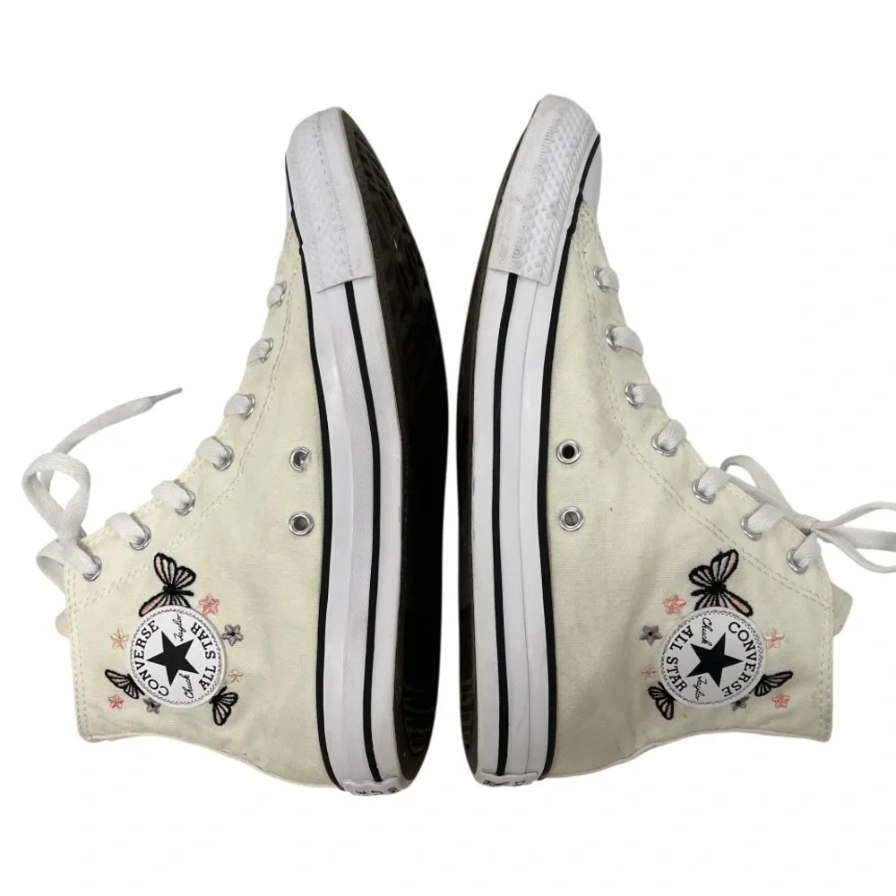 Converse Kids High Top Boots in Cream with Black and Pink Butterfly Embroidery